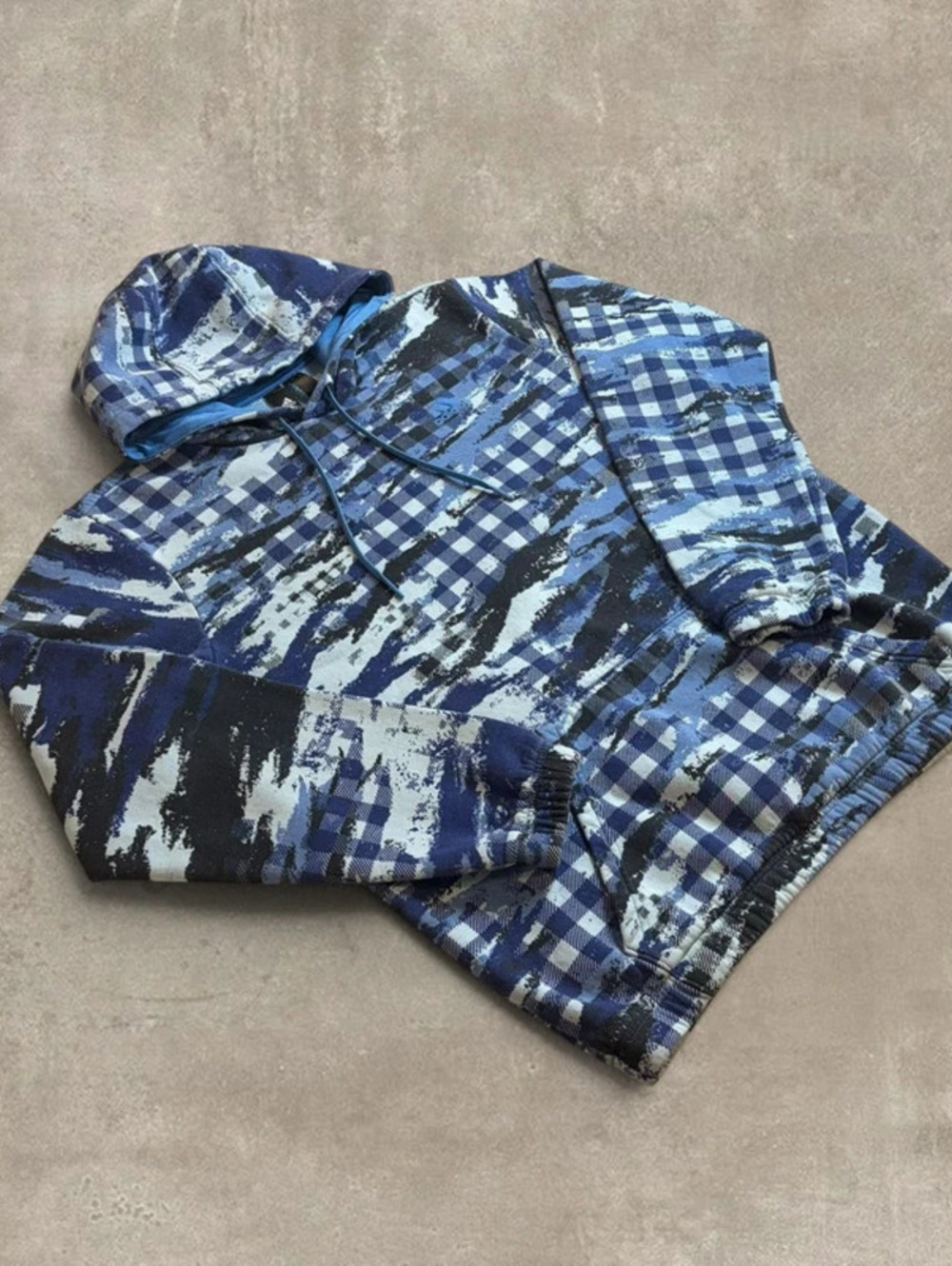 Adidas Plaid Print Hoodie Mens Medium Blue All Over Graphic Sweatshirt